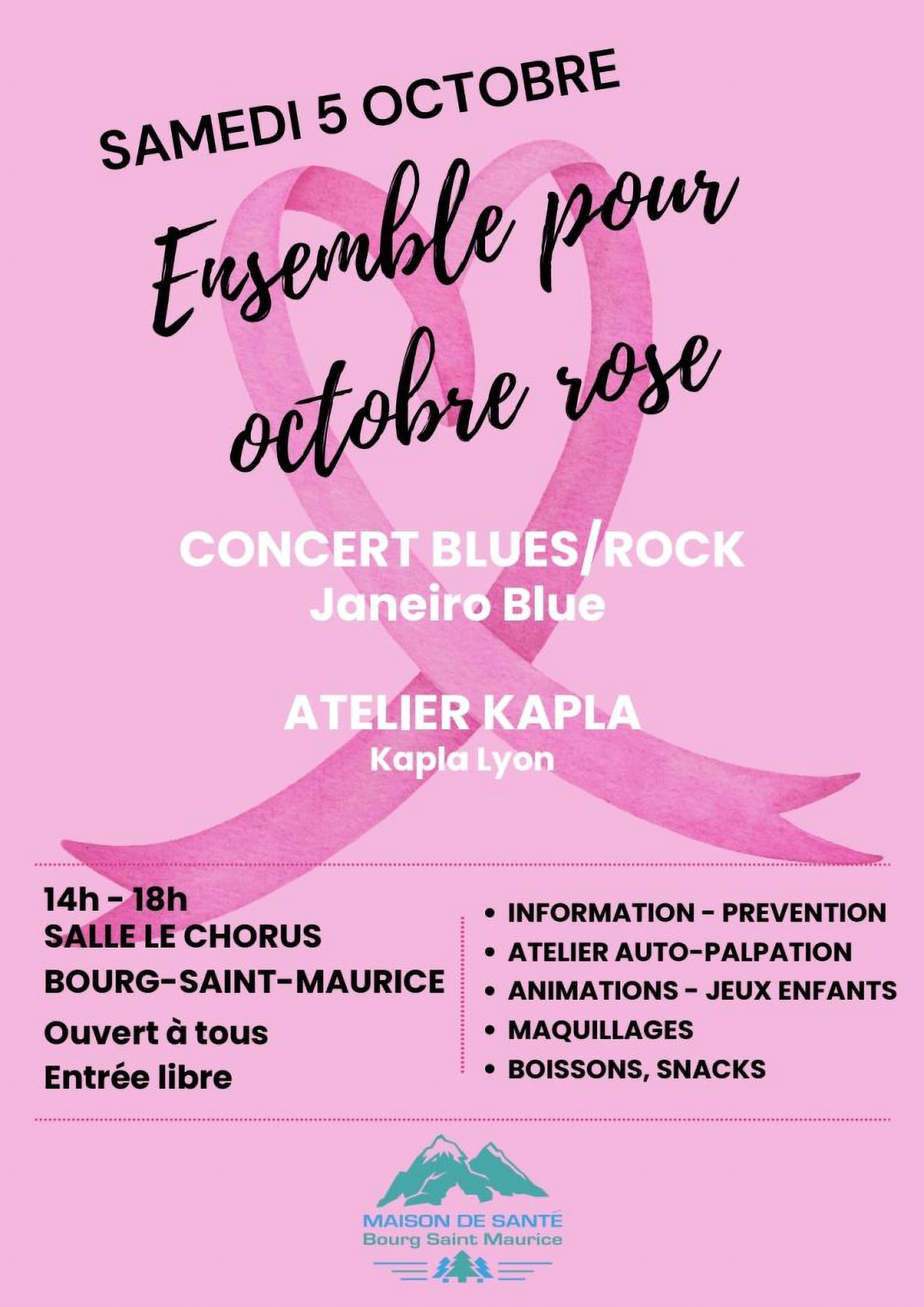 Affiche animation Kapla lors d'un évènement octobre rose à Bourg Saint-Maurice pour la sensibilisation au cancer du sein